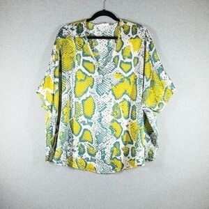 R2 Sadie Oversized Snakeskin V-Neck Blouse Yellow Green Animal Print XS